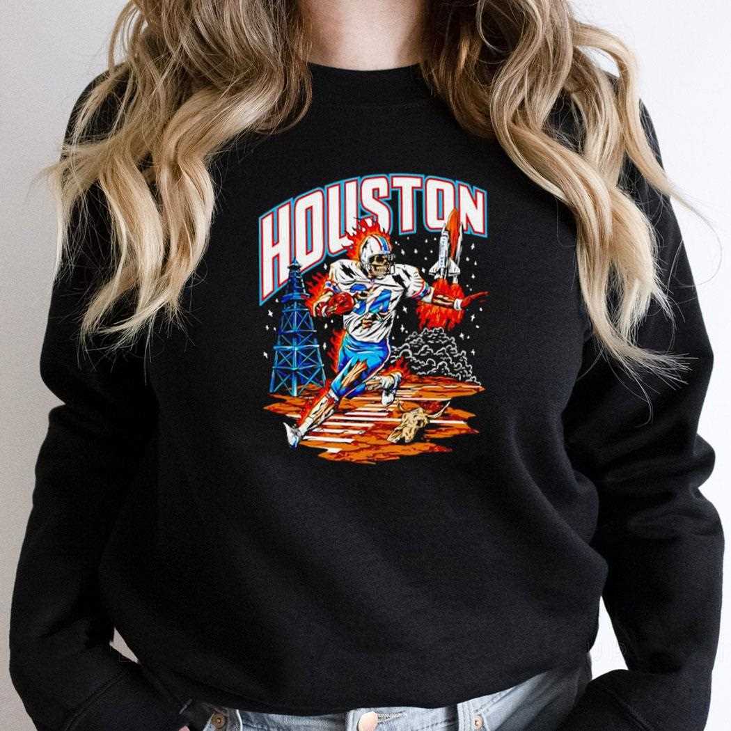 Houston Oil Derricks Space Shuttle Skeleton Football Player 34 Running On Fire Tee Houston Oil Derricks Space Shuttle Skeleton Football Player 34 Running On Fire Tee
