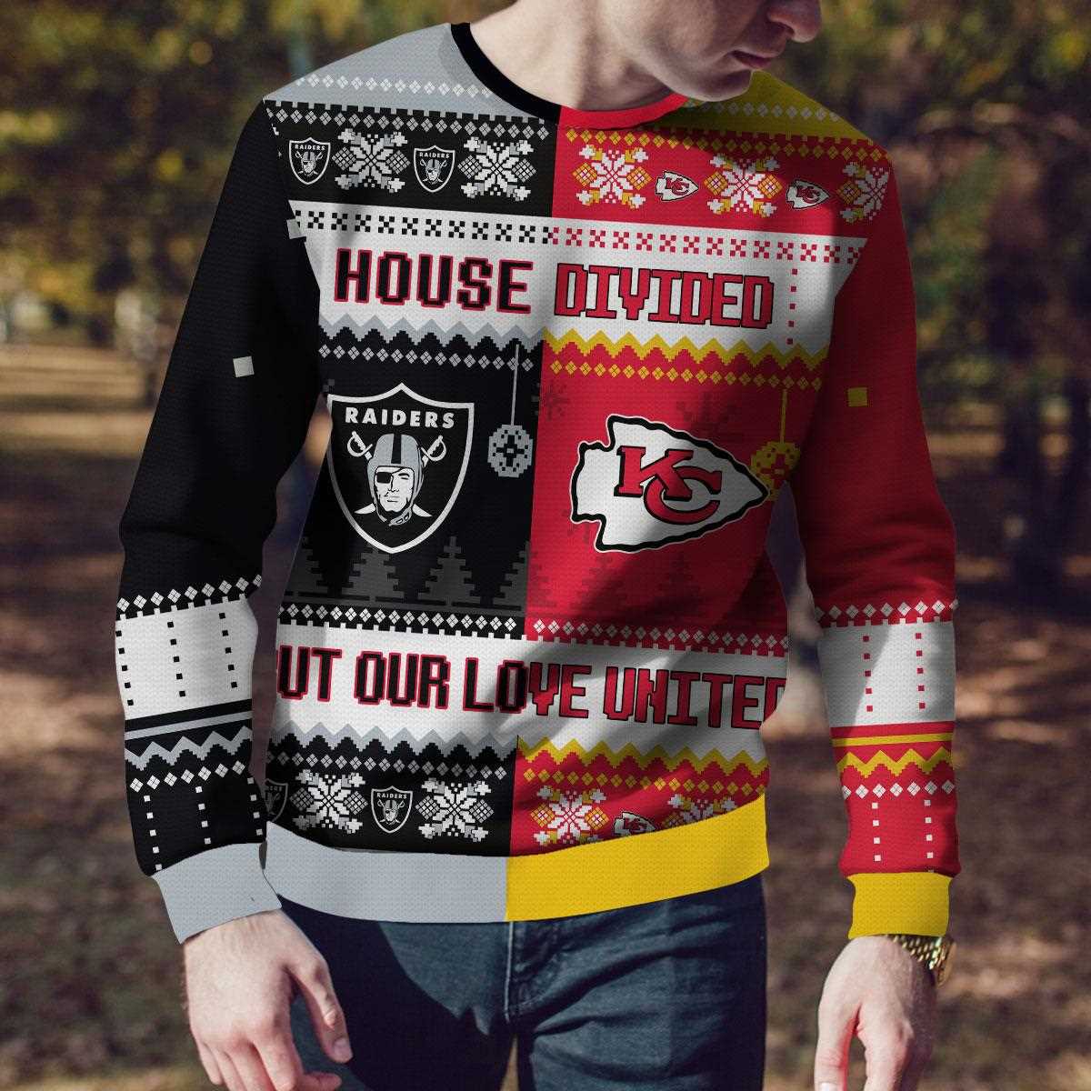 Las Vegas Raiders Kansas City Chiefs House Divided But Our Love United Ugly Christmas Sweater Las Vegas Raiders Kansas City Chiefs House Divided But Our Love United Ugly Christmas Sweater