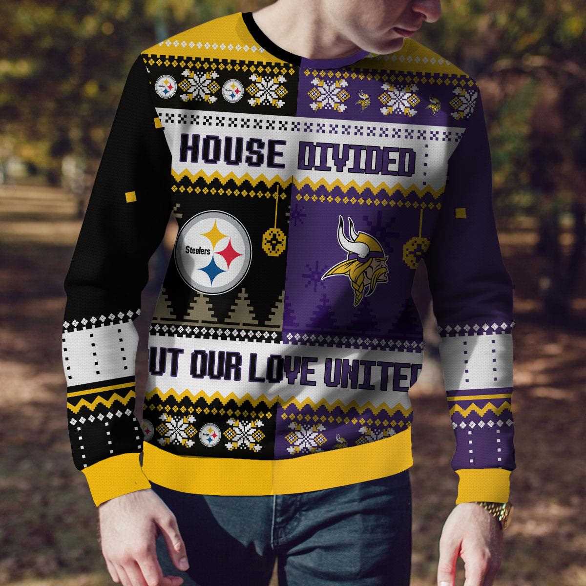 Pittsburgh Steelers Minnesota Vikings Nfl House Divided But Our Love United Ugly Christmas Sweater Pittsburgh Steelers Minnesota Vikings Nfl House Divided But Our Love United Ugly Christmas Sweater