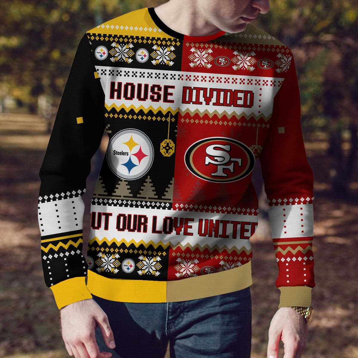 Pittsburgh Steelers San Francisco 49ers Nfl House Divided But Our Love United Ugly Christmas Sweater Pittsburgh Steelers San Francisco 49ers Nfl House Divided But Our Love United Ugly Christmas Sweater