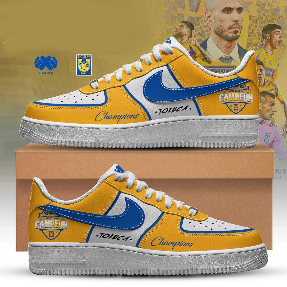 Amarilla Tigres Campeones Liga Mx Champions 2025 Custom Name Air Force 1 Shoes