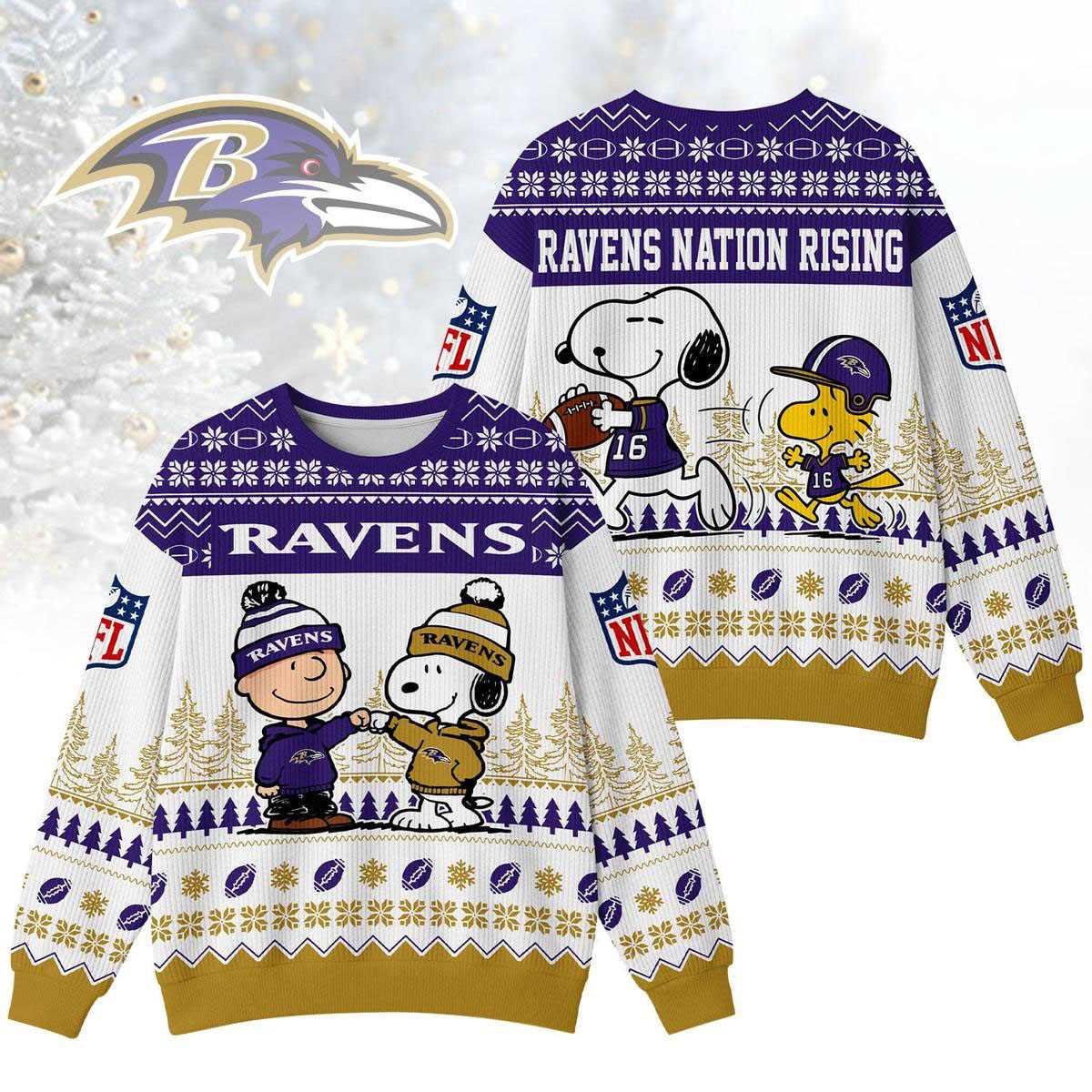 Baltimore Ravens Snoopy Peanuts Ravens Nation Rising Ugly Christmas Sweater