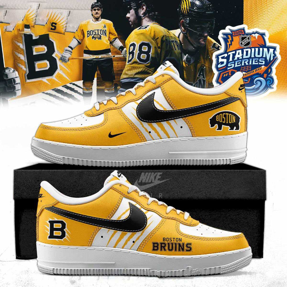 Boston Bruins 2026 Stadium Series Bold Gold Custom Name Air Force 1 Shoes