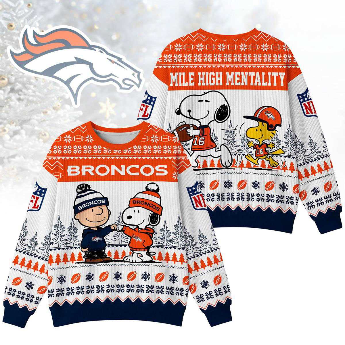Denver Broncos Snoopy Peanuts Mile High Mentality Ugly Christmas Sweater