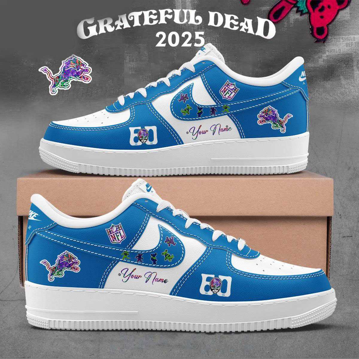 Detroit Lions Grateful Dead 60th Anniversary Custom Name Air Force 1 Shoes