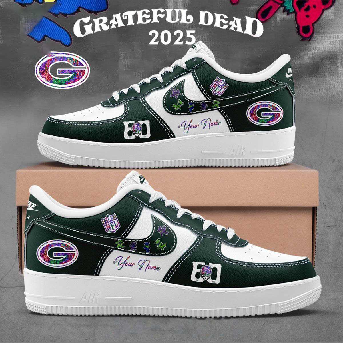 Green Bay Packers Grateful Dead 60th Anniversary Custom Name Air Force 1 Shoes