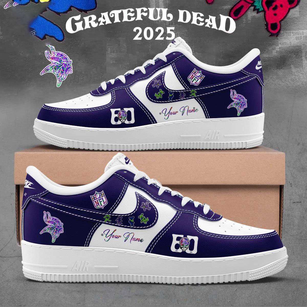 Minnesota Vikings Grateful Dead 60th Anniversary Custom Name Air Force 1 Shoes