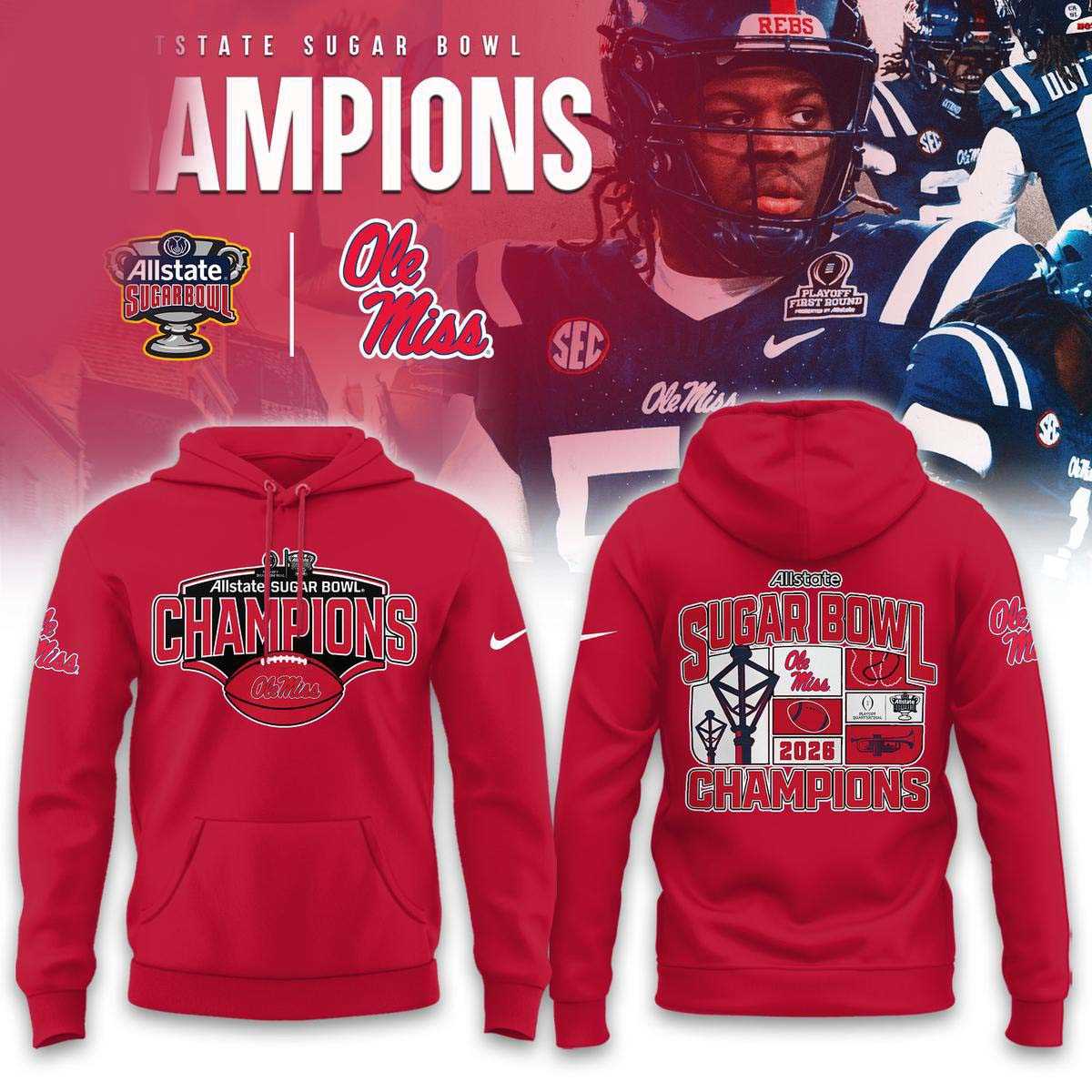 Ole Miss Rebels 2026 Allstate Sugar Bowl Champions Red Tee Hoodie