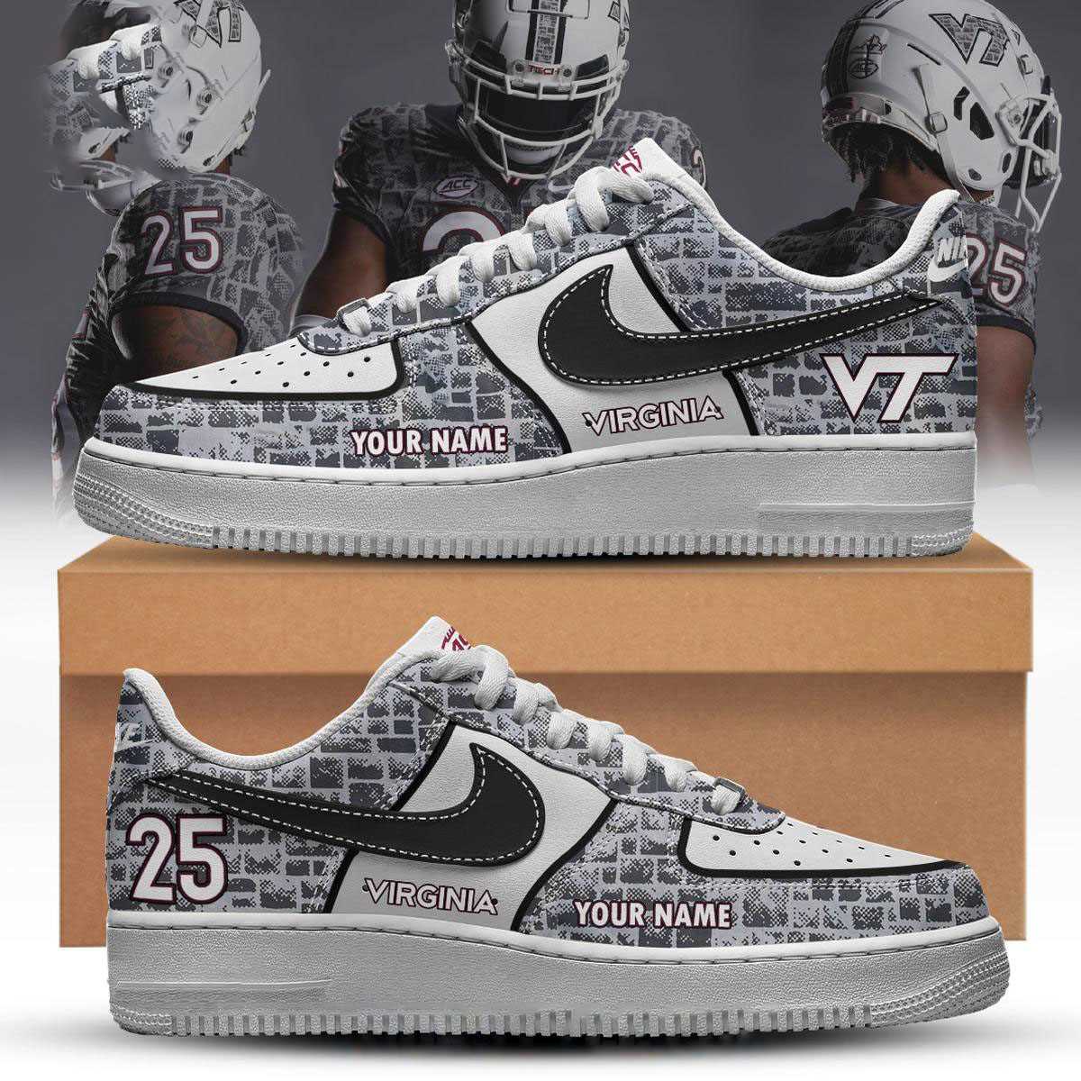 Virginia Tech Hokies Stone Wall 2025 Custom Name Air Force 1 Shoes