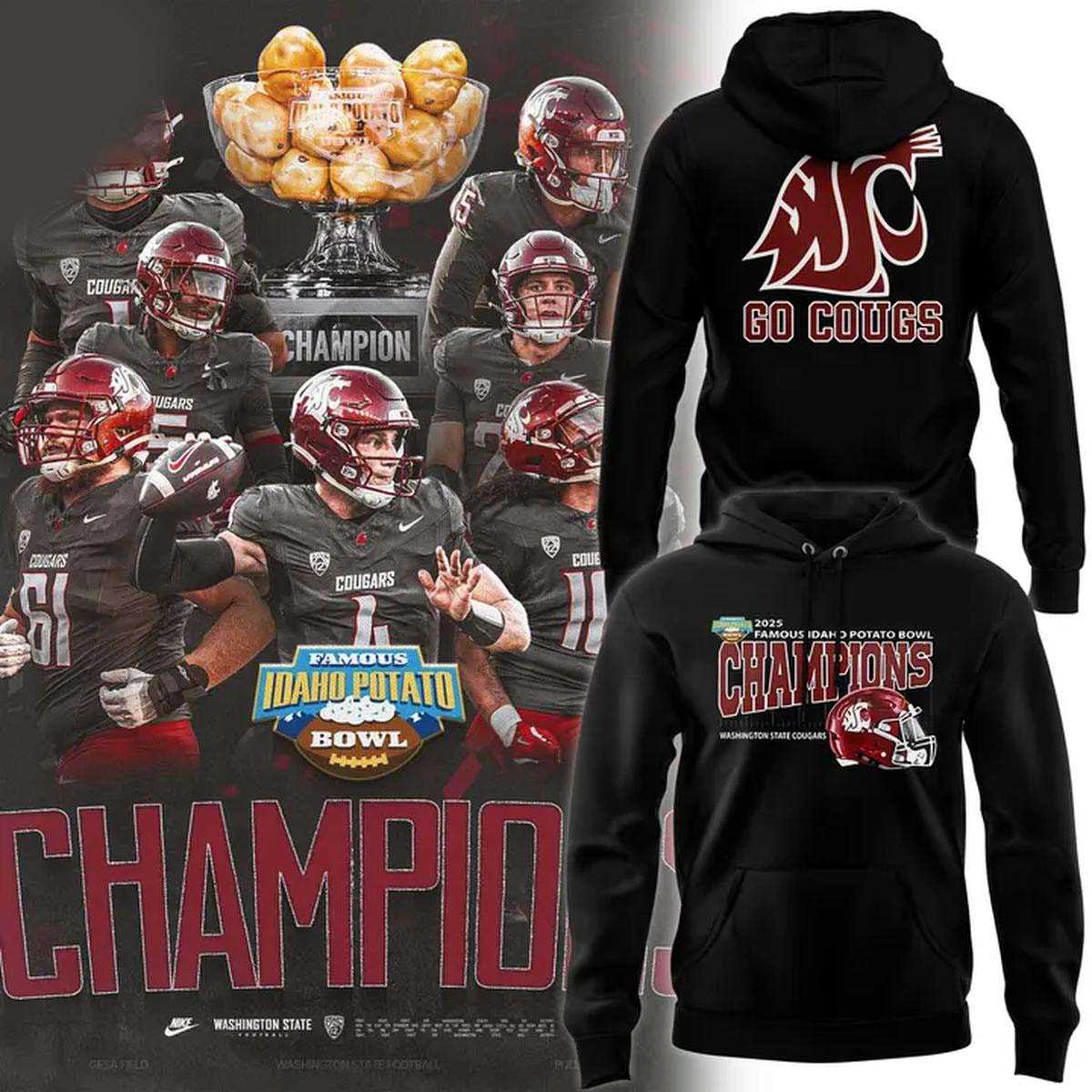 Washington State Cougars Famous Idaho Potato Bowl Champions 2025 Tee Hoodie