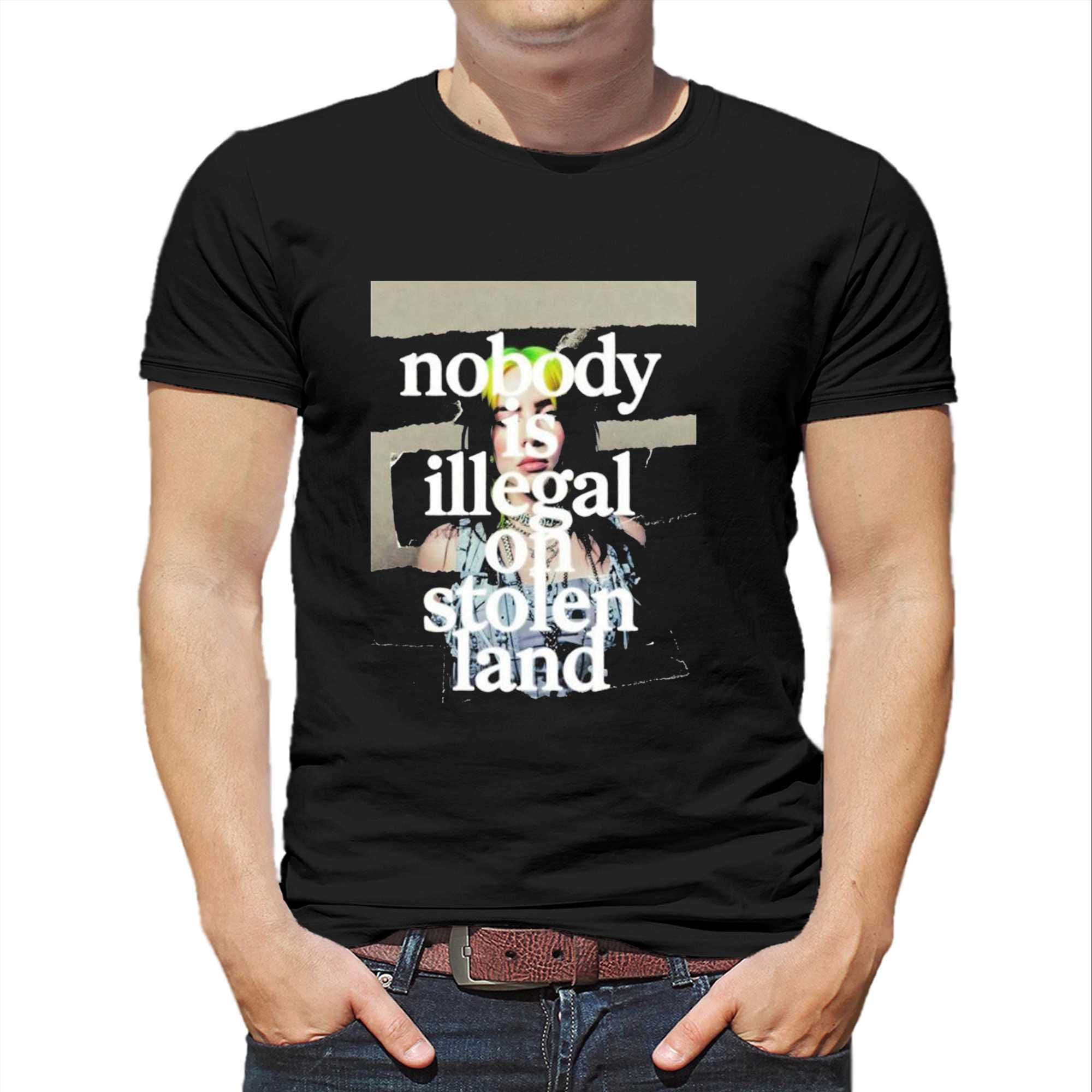 Billie Eilish At Grammys 2026 Nobody Is Illegal On Stolen Land Shirt Billie Eilish At Grammys 2026 Nobody Is Illegal On Stolen Land Shirt