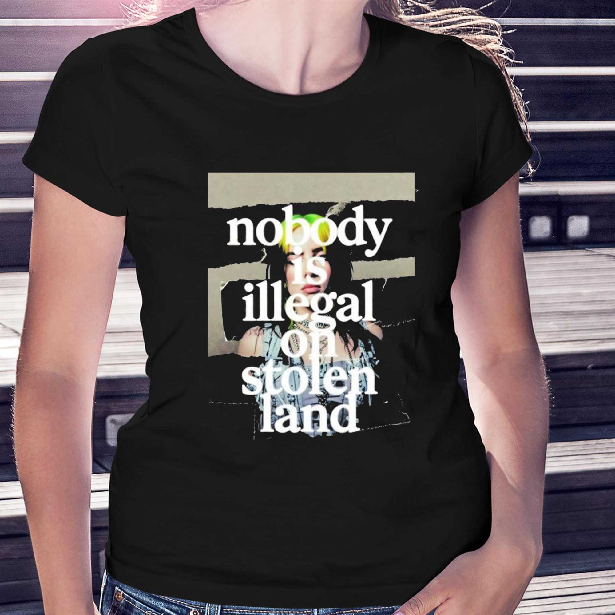 Billie Eilish At Grammys 2026 Nobody Is Illegal On Stolen Land Shirt Billie Eilish At Grammys 2026 Nobody Is Illegal On Stolen Land Shirt
