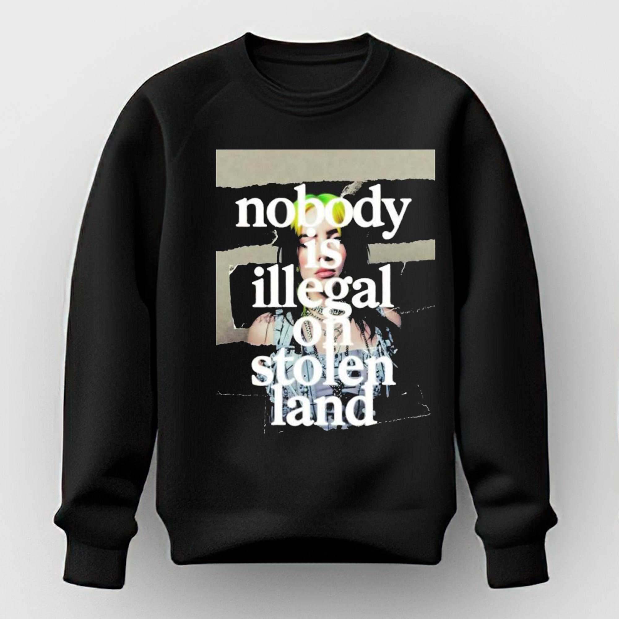 Billie Eilish At Grammys 2026 Nobody Is Illegal On Stolen Land Shirt Billie Eilish At Grammys 2026 Nobody Is Illegal On Stolen Land Shirt