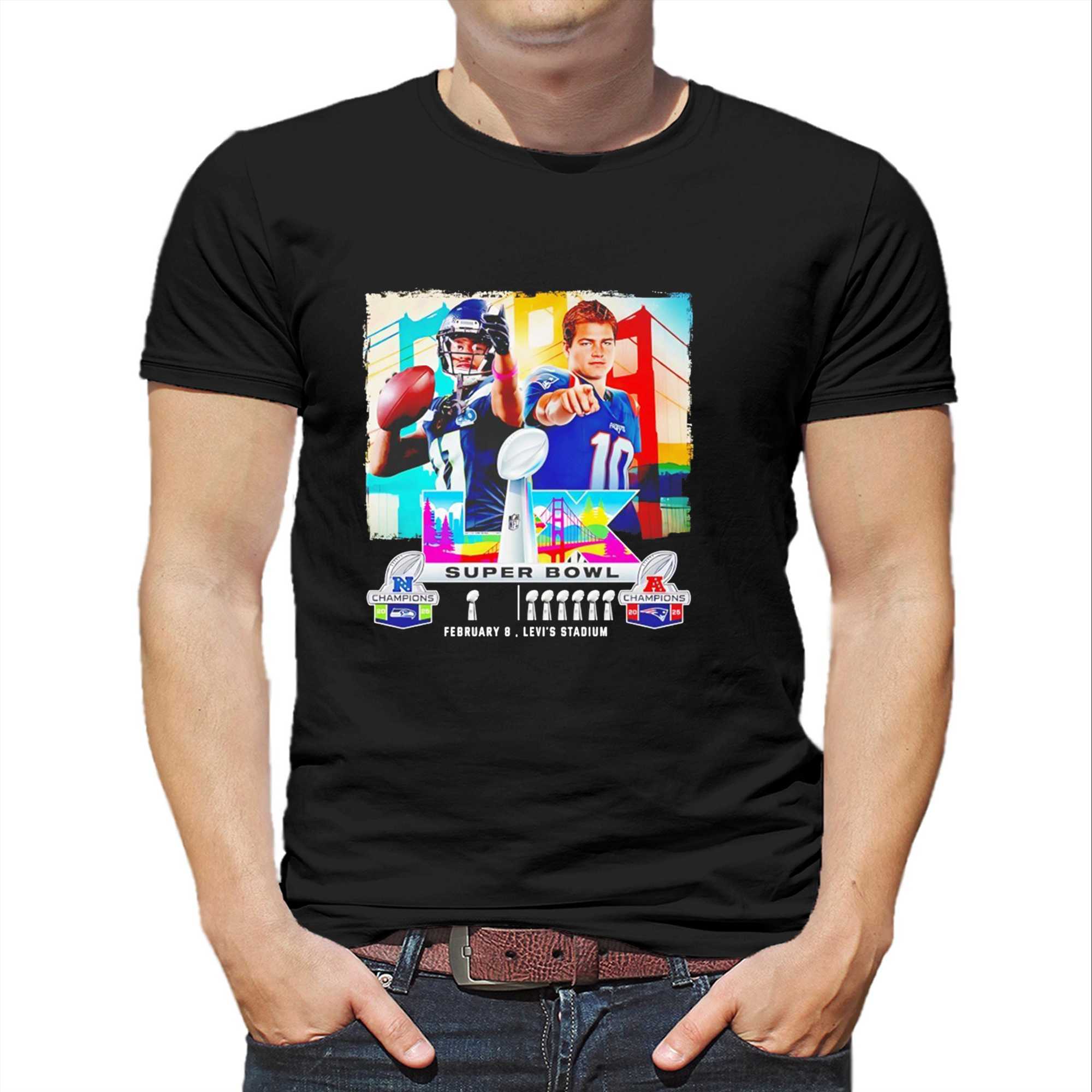 Russell Wilson Seattle Seahawks Vs Drake Maye New England Patriots Super Bowl Lx February 8 Levis Stadium Tee