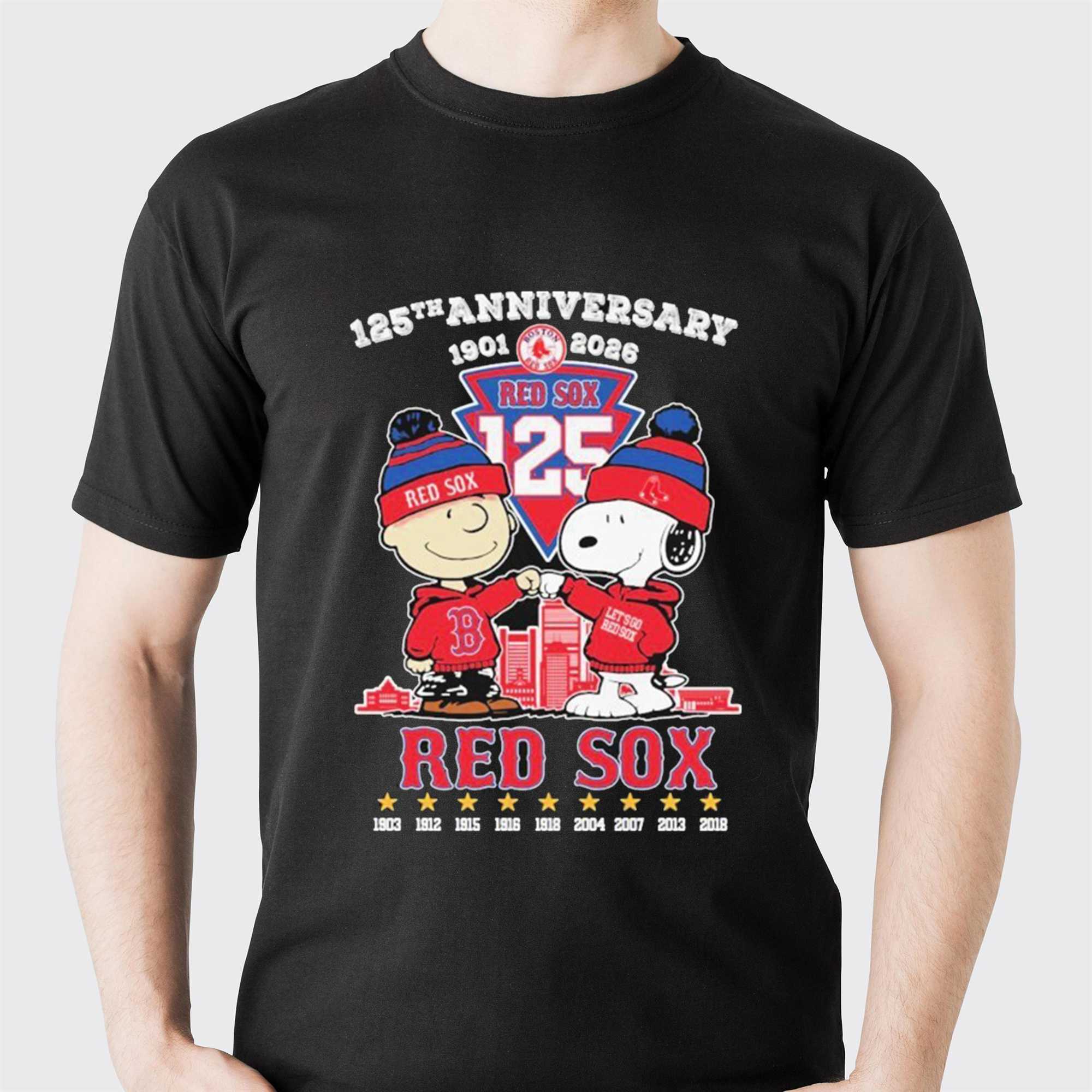 Snoopy And Charlie Brown 125th Anniversary 1901 2026 Boston Red Sox X Teehe Peanuts Let 039_s Go Tee