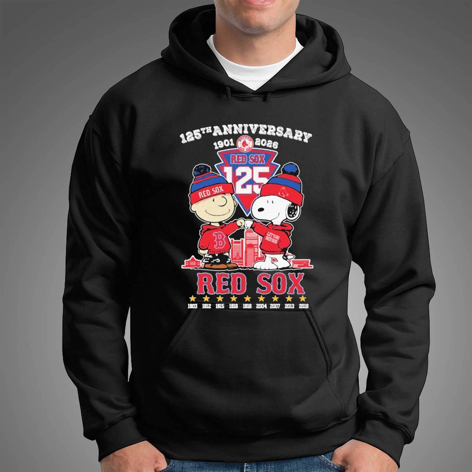 Snoopy And Charlie Brown 125th Anniversary 1901 2026 Boston Red Sox X Teehe Peanuts Let 039_s Go Tee