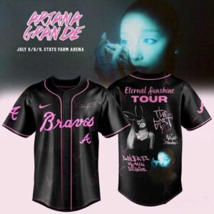Atlanta Braves Ariana Grande Eternal Sunshine Tour 2026 Jersey. Black, pink script, iconic Ariana graphic, Braves logo.
