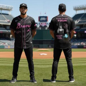 Atlanta Braves Ariana Grande Eternal Sunshine Tour 2026 Jersey. Black, pink script, iconic Ariana graphic, Braves logo.