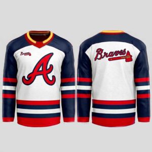 Atlanta Braves Drake Baldwin 2026 Hockey Jersey in navy, white, red, gold with Braves 'A' logo and tomahawk.