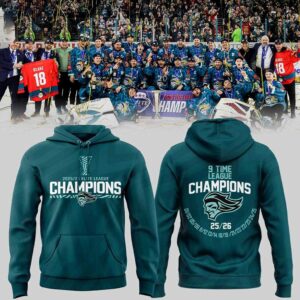 Belfast Giants 2025-26 Elite Ice Hockey League Champions Shirt Hoodie with teal color, trophy, logo, and past winning years.