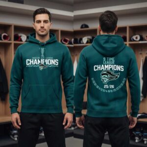 Belfast Giants 2025-26 Elite Ice Hockey League Champions Shirt Hoodie with teal color, trophy, logo, and past winning years.