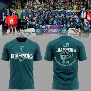 Belfast Giants 2025-26 Elite Ice Hockey League Champions Shirt Hoodie with teal color, trophy, logo, and past winning years.