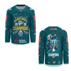 Belfast Giants 2026 Elite League Champions Hockey Jersey, teal with gold text, players, and trophy graphics.