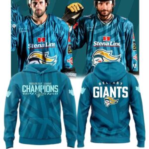Belfast Giants 2026 Elite League Champions Locker Room Shirt Hoodie, teal, 'Champions' on front & Giants logo on back.