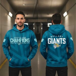 Belfast Giants 2026 Elite League Champions Locker Room Shirt Hoodie, teal, 'Champions' on front & Giants logo on back.