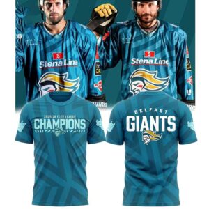 Belfast Giants 2026 Elite League Champions Locker Room Shirt Hoodie, teal, 'Champions' on front & Giants logo on back.