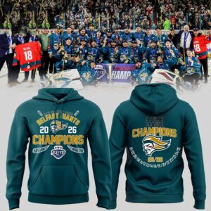 Belfast Giants 9 Times Elite League Champions 2026 Shirt Hoodie. Teal hoodie with gold 'Belfast Giants Champions 2026' text, Elite League logo on front. '9 Time League Champions' and winning years on back.