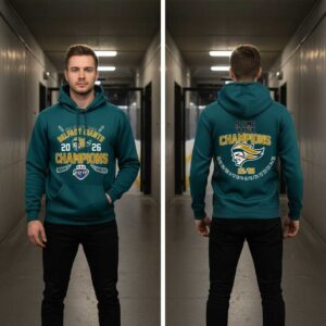 Belfast Giants 9 Times Elite League Champions 2026 Shirt Hoodie. Teal hoodie with gold 'Belfast Giants Champions 2026' text, Elite League logo on front. '9 Time League Champions' and winning years on back.