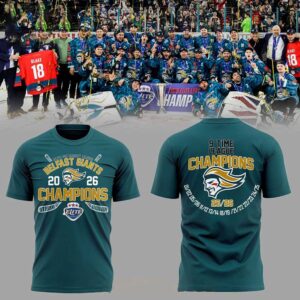 Belfast Giants 9 Times Elite League Champions 2026 Shirt Hoodie. Teal hoodie with gold 'Belfast Giants Champions 2026' text, Elite League logo on front. '9 Time League Champions' and winning years on back.