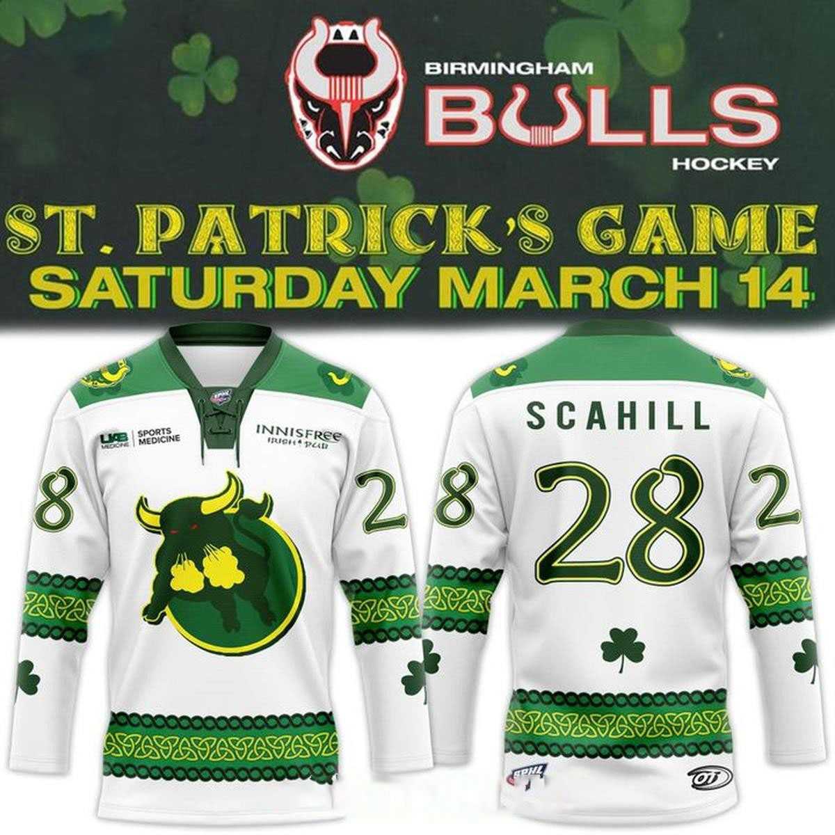 Birmingham Bulls St Patrick’s Day 2026 Custom Hockey Jersey