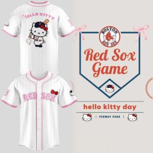Boston Red Sox 2026 Hello Kitty Day Custom Baseball Jersey: White pinstripe jersey with pink 'RED SOX' text and red Hello Kitty bow.