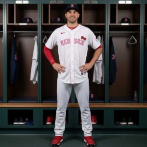 Boston Red Sox 2026 Hello Kitty Day Custom Baseball Jersey: White pinstripe jersey with pink 'RED SOX' text and red Hello Kitty bow.
