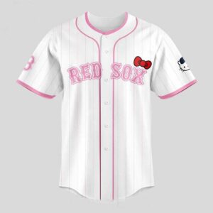 Boston Red Sox 2026 Hello Kitty Day Custom Baseball Jersey: White pinstripe jersey with pink 'RED SOX' text and red Hello Kitty bow.