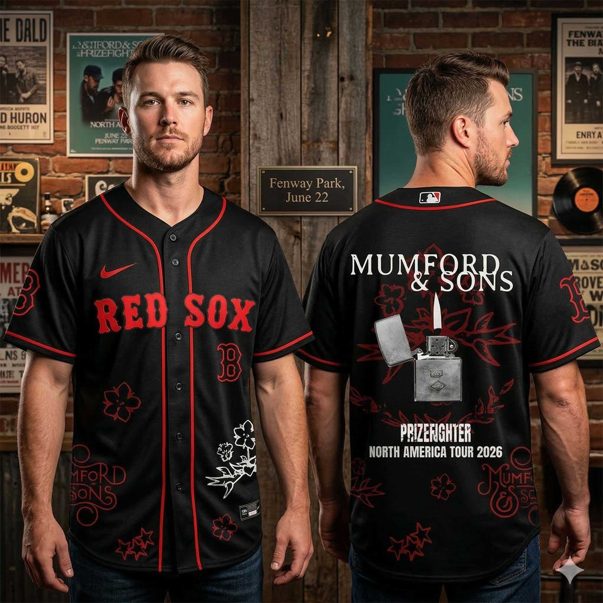 Boston Red Sox Mumford Sons Prizefighter North America Tour 2026 Edition Baseball Jersey Boston Red Sox Mumford Sons Prizefighter North America Tour 2026 Edition Baseball Jersey