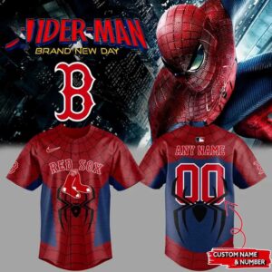 Boston Red Sox Spider Man 2026 Custom Name Jersey: Red & blue baseball jersey, web pattern, Red Sox logo, custom name/number.