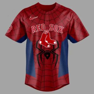 Boston Red Sox Spider Man 2026 Custom Name Jersey: Red & blue baseball jersey, web pattern, Red Sox logo, custom name/number.