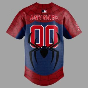 Boston Red Sox Spider Man 2026 Custom Name Jersey: Red & blue baseball jersey, web pattern, Red Sox logo, custom name/number.