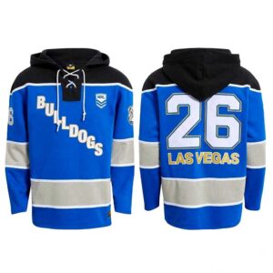 Bulldogs Las Vegas 2026 Special Hockey Jersey. Blue, black & grey design with #26, NRL logo, bulldog graphic, and laces.