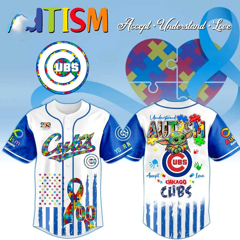 Chicago Cubs Autism Awareness Baby Grogu Baseball Jersey Chicago Cubs Autism Awareness Baby Grogu Baseball Jersey