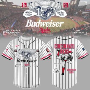 Cincinnati Reds Budweiser 150 Years 2026 Baseball Jersey. White pinstripe, Budweiser logo front, Reds pitcher graphic back.