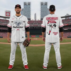 Cincinnati Reds Budweiser 150 Years 2026 Baseball Jersey. White pinstripe, Budweiser logo front, Reds pitcher graphic back.
