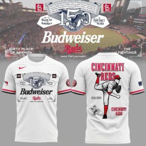 Cincinnati Reds Budweiser 150 Years 2026 Shirt Hoodie with vintage beer label front design and Reds pitcher graphic on back.