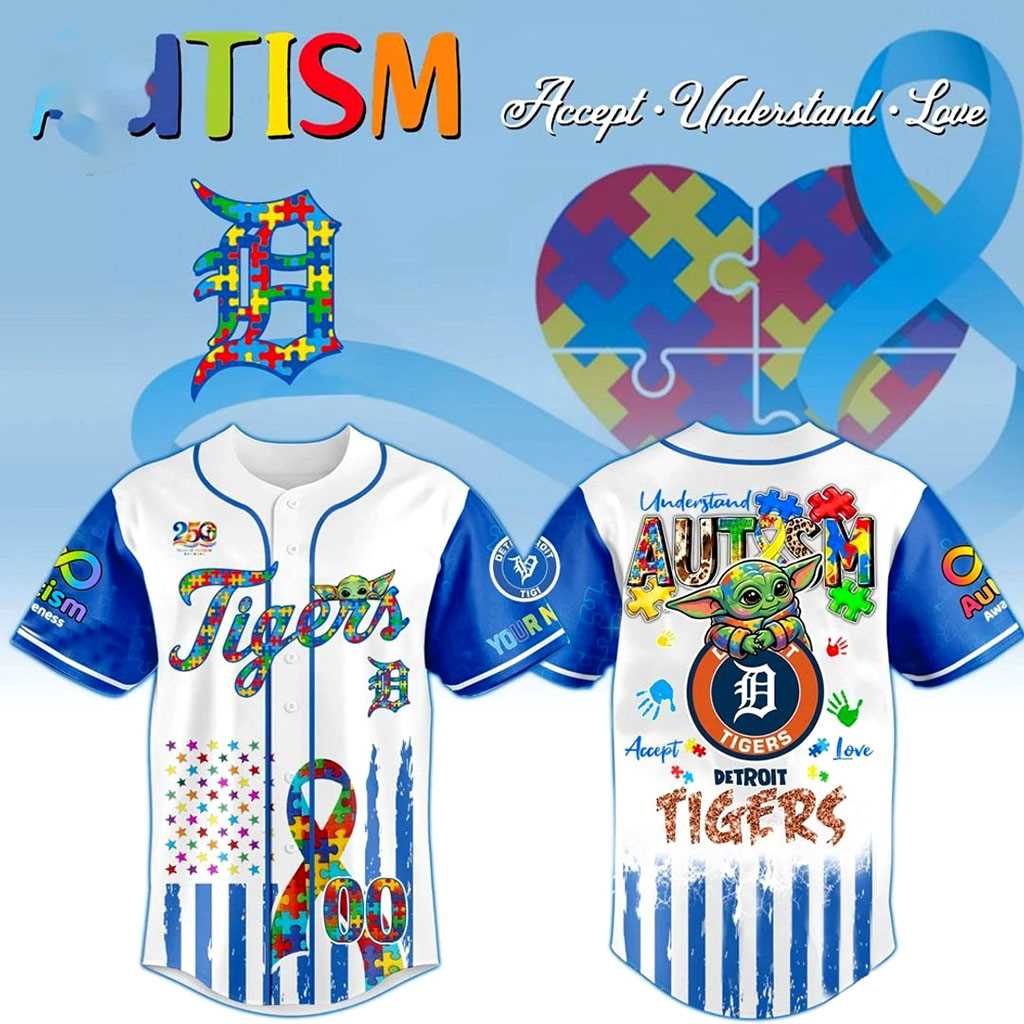 Detroit Tigers Autism Awareness Baby Grogu Baseball Jersey Detroit Tigers Autism Awareness Baby Grogu Baseball Jersey