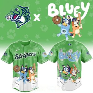 Gwinnett Stripers Bluey Night 2026 Minor Game Baseball Jersey: Green jersey with Bluey & Bingo playing baseball, 'Bluey' logo.