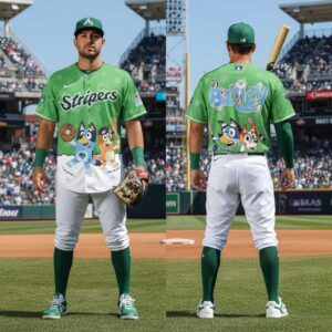 Gwinnett Stripers Bluey Night 2026 Minor Game Baseball Jersey: Green jersey with Bluey & Bingo playing baseball, 'Bluey' logo.
