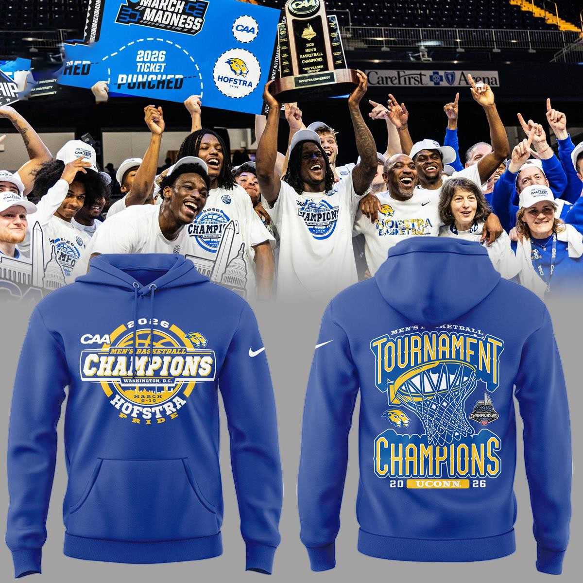 Hofstra Pride Basketball 2026 C A A Tournament Champions Hoodie Tee